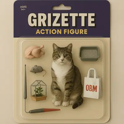 Illustration imitant l'emballage d'une figurine « Grizette Action Figure » avec poulet, souris, litière et sac