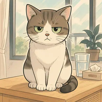 Illustration dessinée d'une chatte grise et blanche à l'air boudeur, assise sur un meuble devant une fenêtre