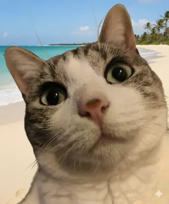 Montage humoristique : Grizette en gros plan devant une plage de sable blanc et une mer turquoise