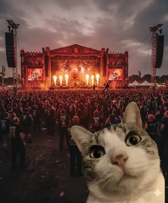 Montage humoristique : Grizette en premier plan devant la scène enflammée d'un concert de metal