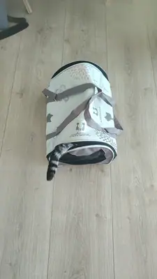 Tunnel de jeu pour chat posé sur le parquet, d'où dépasse seulement la queue rayée de Grizette